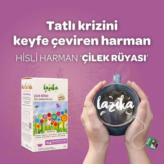 Çilek Rüyası Bitki Çayı — Rooibos, Çilek, Kuşburnu ve C Vitamini harmanı, sıfır kafein, meyvemsi tatlı lezzet, Lazika Hisli Harman koleksiyonu, 18 biyoçözünür piramit poşet