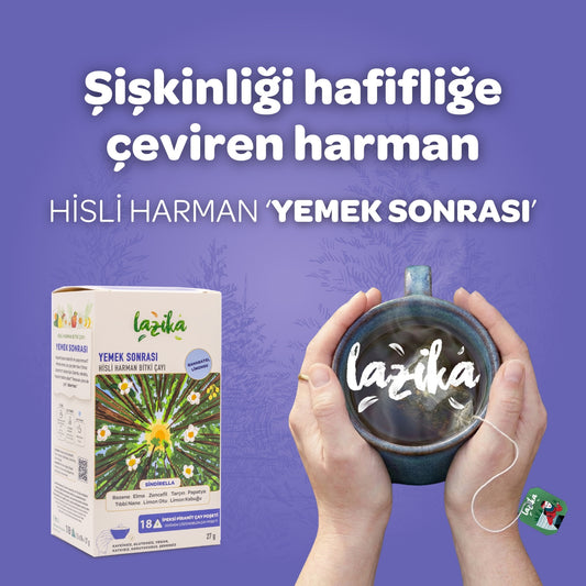 Yemek Sonrası Sindirella Bitki Çayı — Rezene, Zencefil, Nane ve Limon Otu harmanı, sindirim destekleyici, kafein içermez, Lazika Hisli Harman koleksiyonu, 18 biyoçözünür piramit poşet