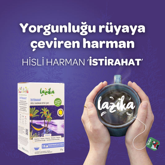 İstirahat Bitki Çayı — Papatya, Ihlamur, Melisa ve Çarkıfelek harmanı, kafein içermez, rahatlatıcı, Lazika Hisli Harman koleksiyonu, 18 biyoçözünür piramit poşet
